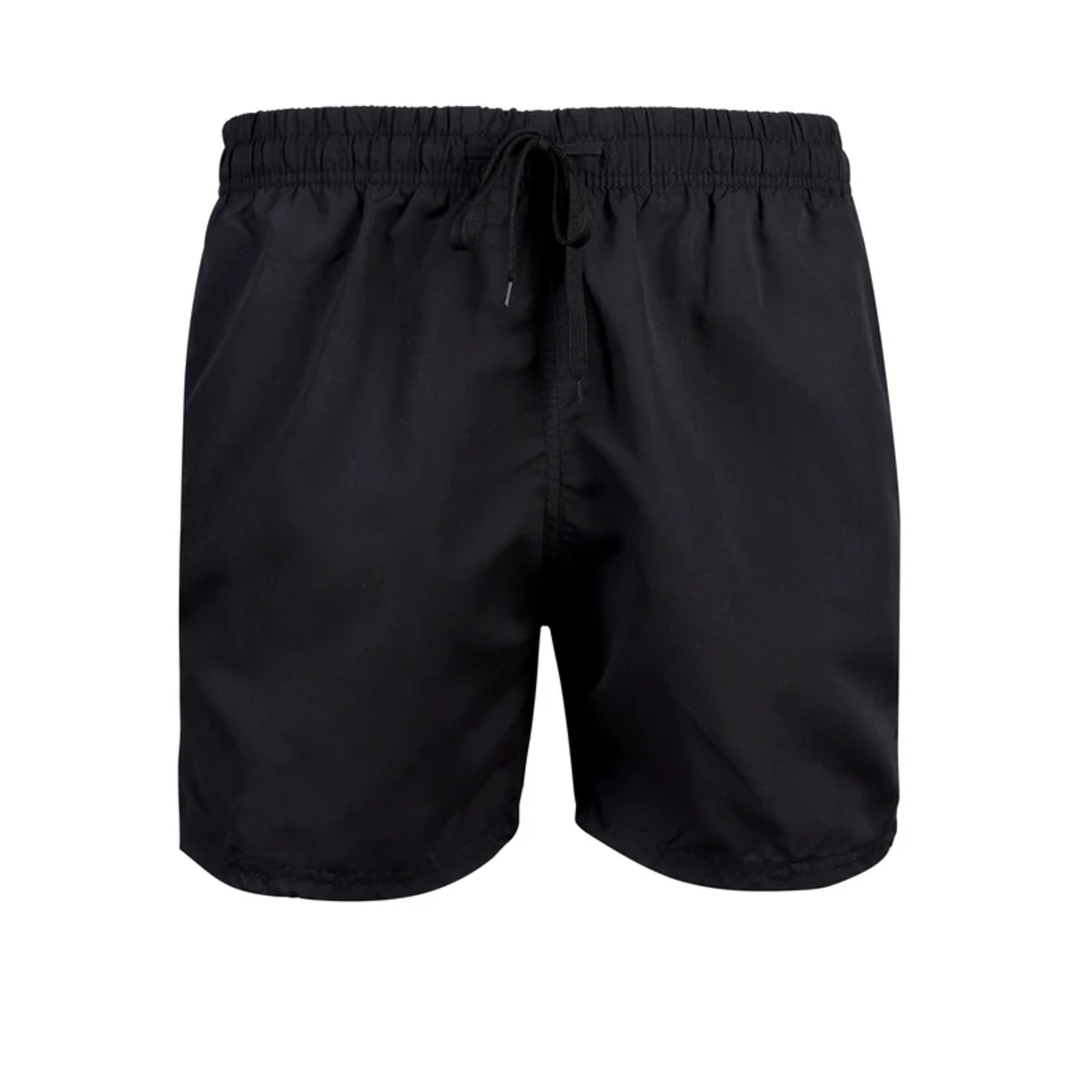 Men's plain black swim shorts – quick-dry fabric with elastic waistband and drawstring
