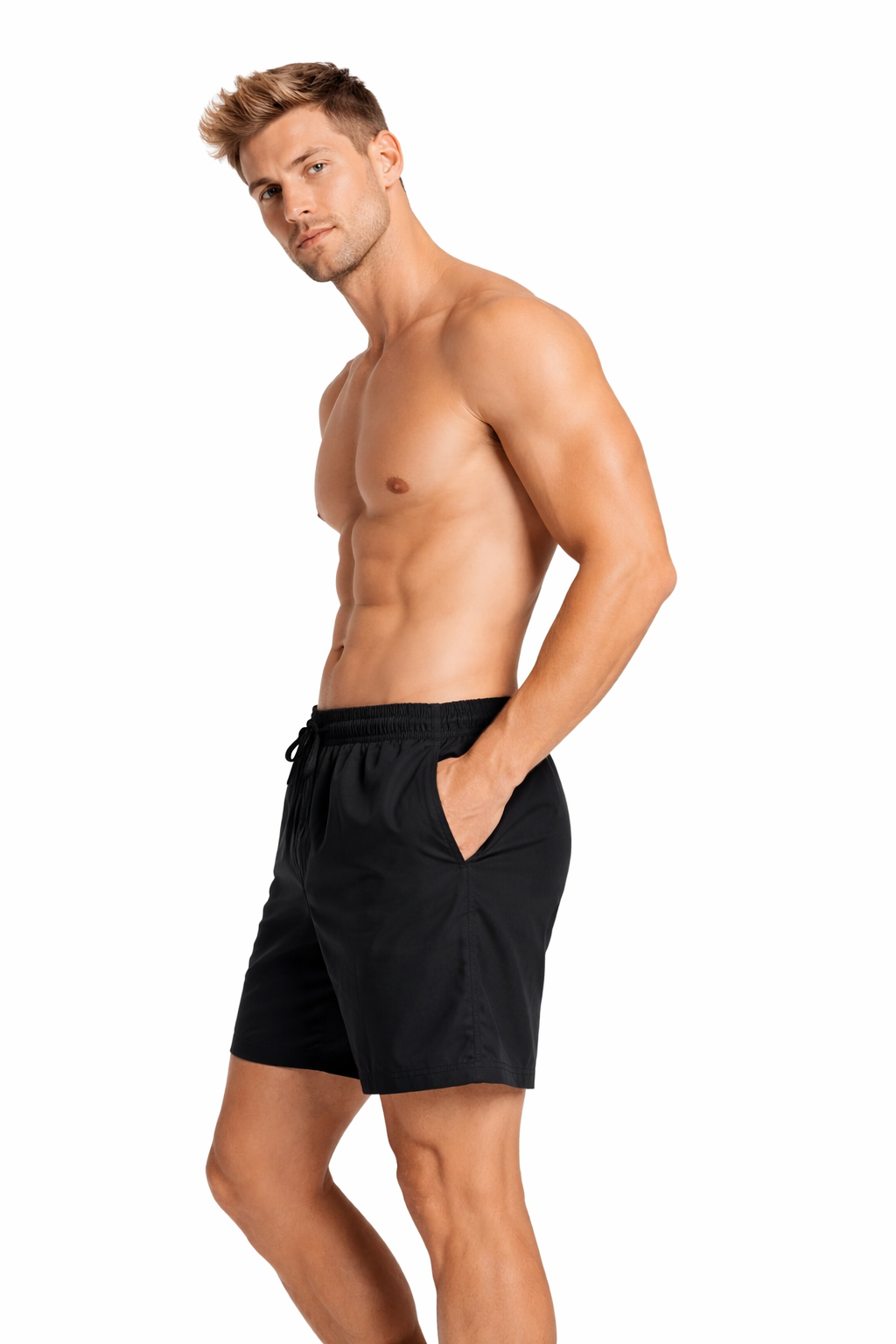 Men's plain black swim shorts – quick-dry fabric with elastic waistband and drawstring