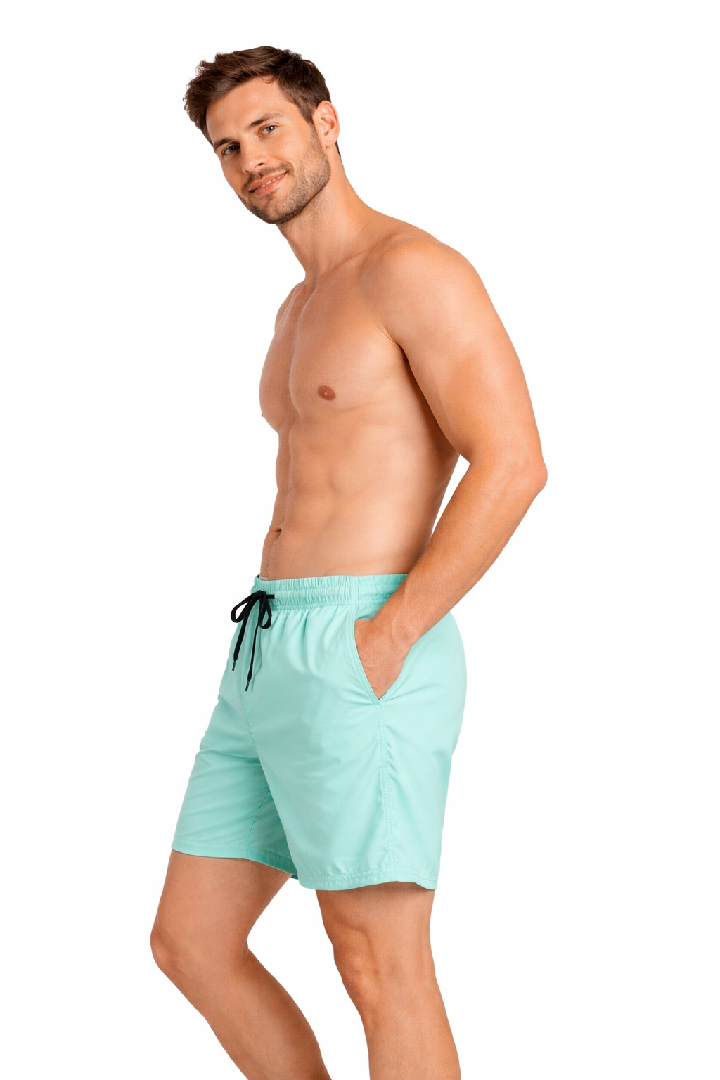 Men's plain green mint swim shorts – quick-dry fabric with elastic waistband and drawstring