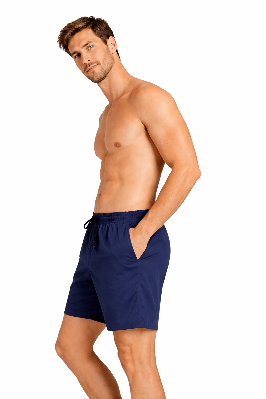 Men's plain navy swim shorts – quick-dry fabric with elastic waistband and drawstring