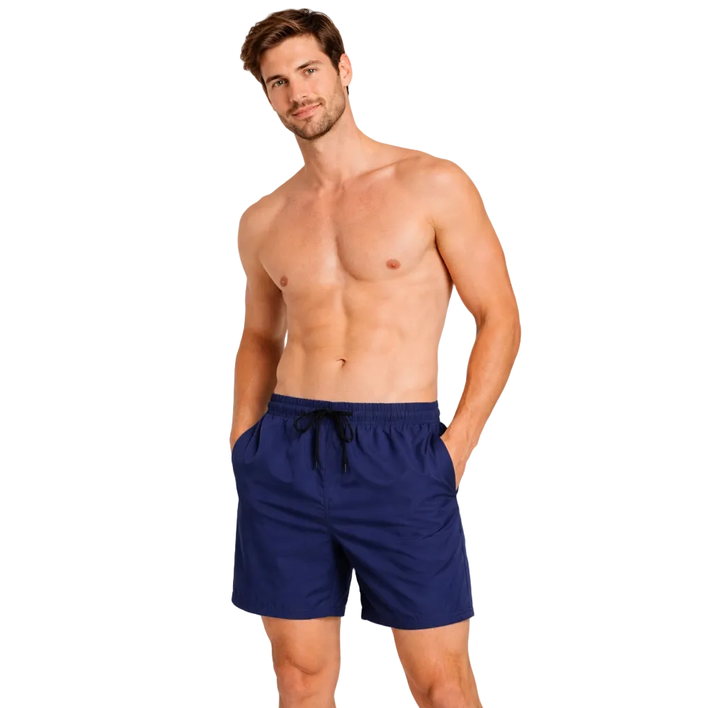 Men's plain navy swim shorts – quick-dry fabric with elastic waistband and drawstring