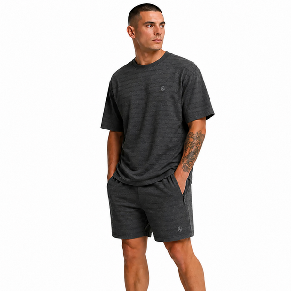Men's JDN Textured Strip T-Shirt And Shorts Set (Black)