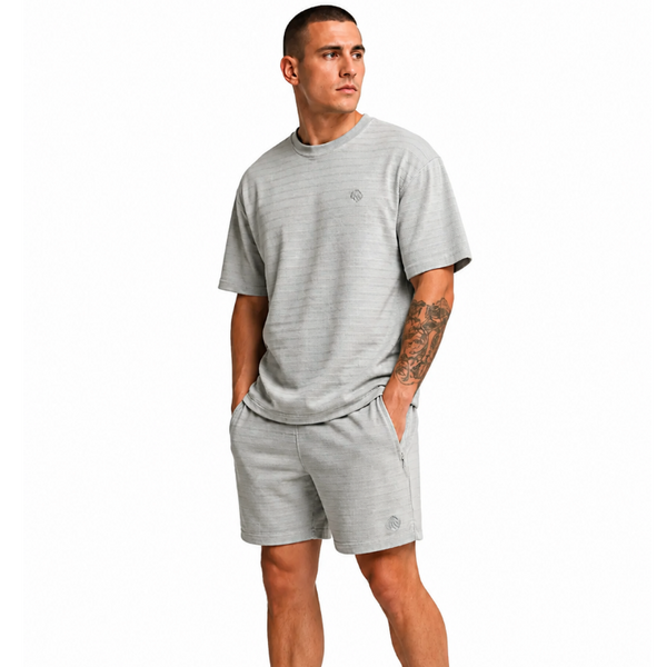 Men's JDN Textured Stripe T-Shirt And Shorts Set (Grey)