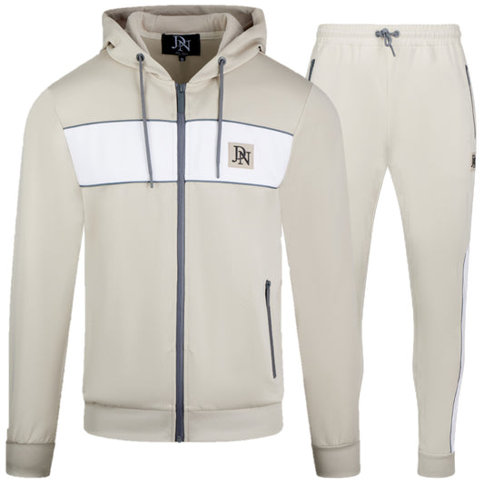 Men's JDN beige tracksuit with white chest panel and neon yellow zips – full zip hoodie and joggers set, modern activewear style