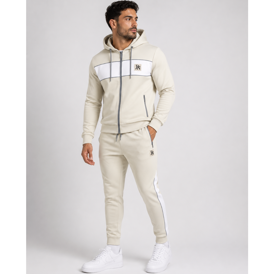 Men's JDN beige tracksuit with white chest panel and neon yellow zips – full zip hoodie and joggers set, modern activewear style