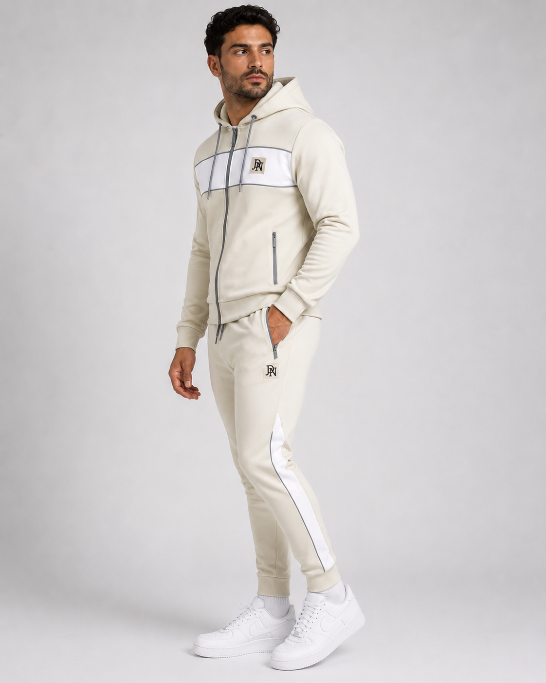 Men's JDN beige tracksuit with white chest panel and neon yellow zips – full zip hoodie and joggers set, modern activewear style