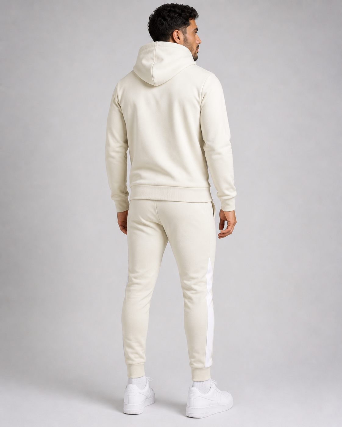 Men's JDN beige tracksuit with white chest panel and neon yellow zips – full zip hoodie and joggers set, modern activewear style