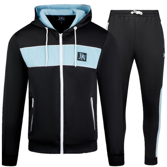 Men's JDN black tracksuit with blue chest panel and neon yellow zips – full zip hoodie and joggers set, modern activewear style