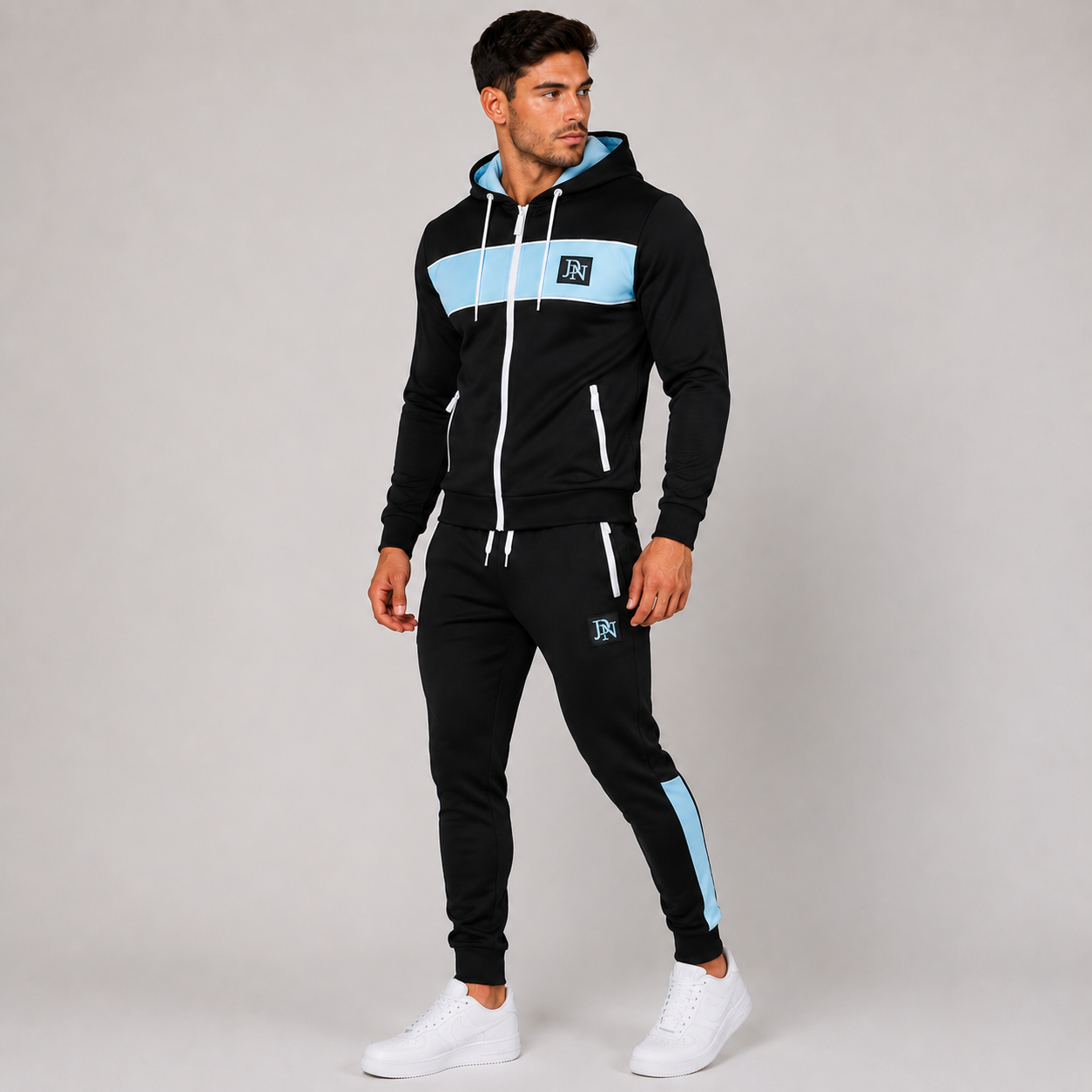 Men's JDN black tracksuit with blue chest panel and white zips – full zip hoodie and joggers set, modern activewear style