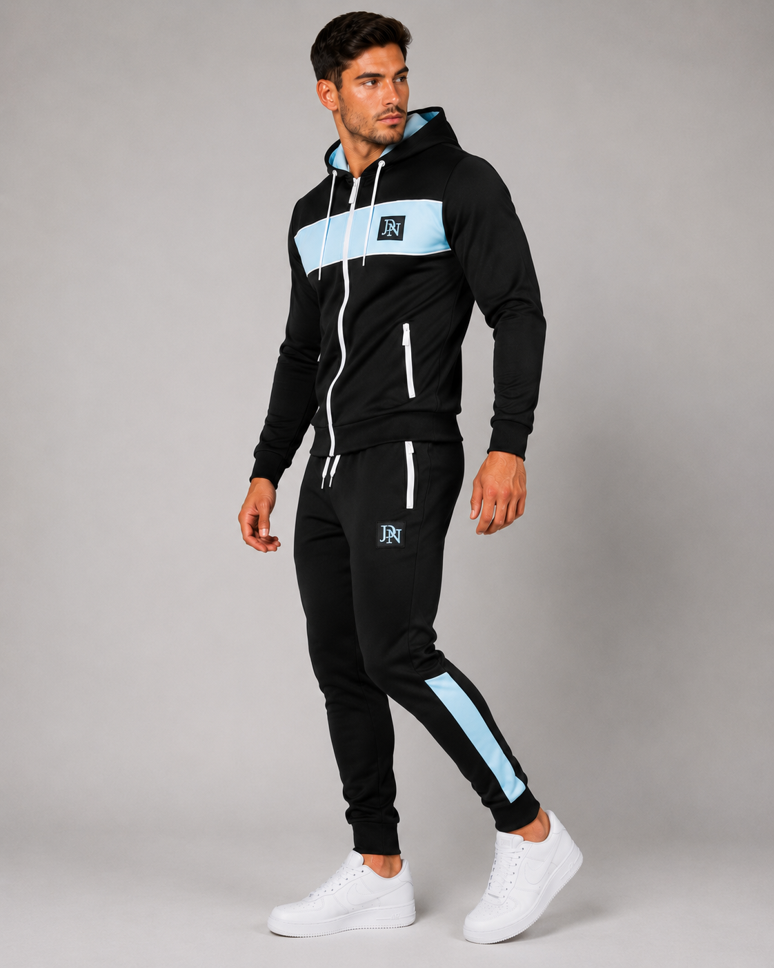 Men's JDN black tracksuit with blue chest panel and white zips – full zip hoodie and joggers set, modern activewear style