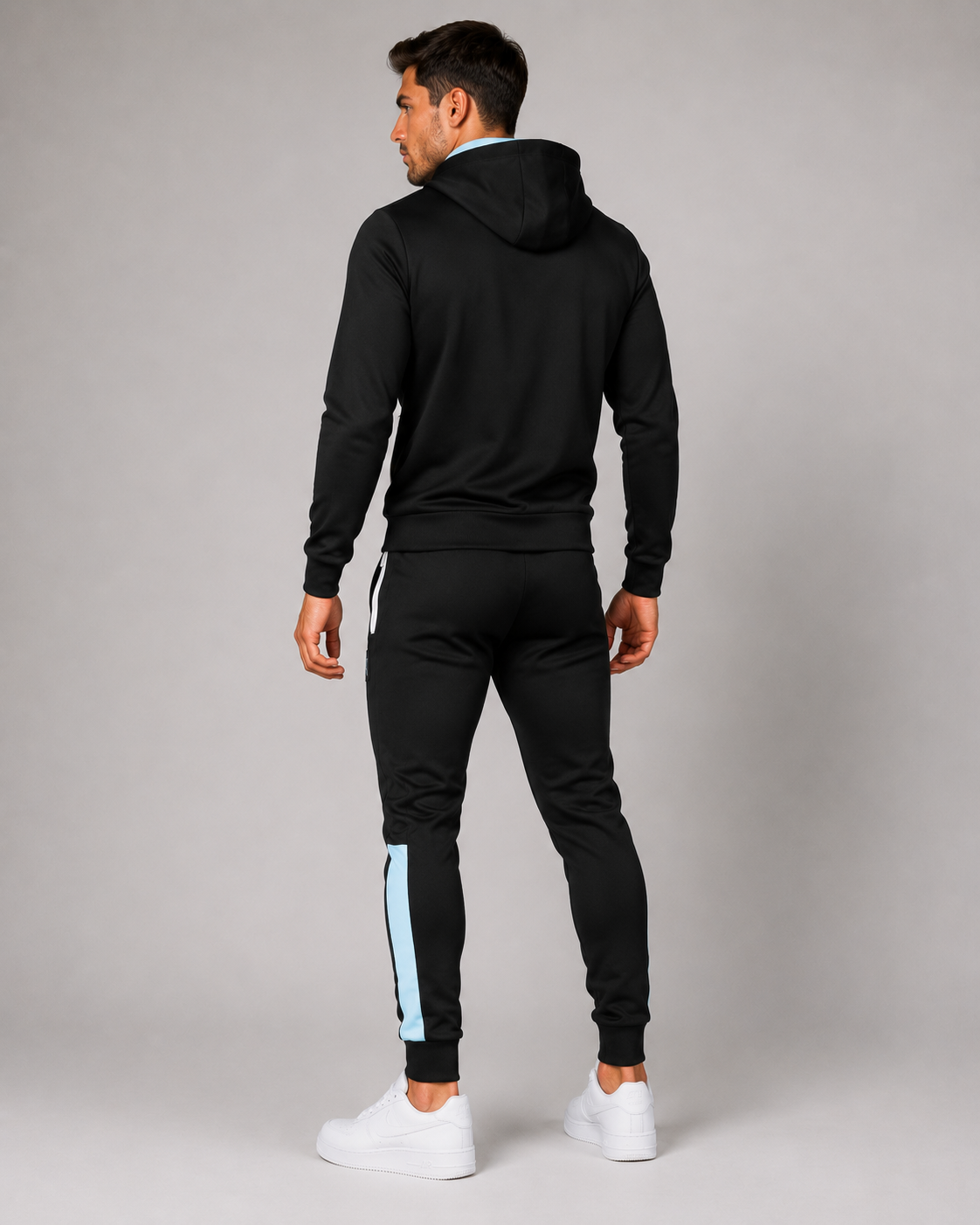 Men's JDN black tracksuit with blue chest panel and white zips – full zip hoodie and joggers set, modern activewear style