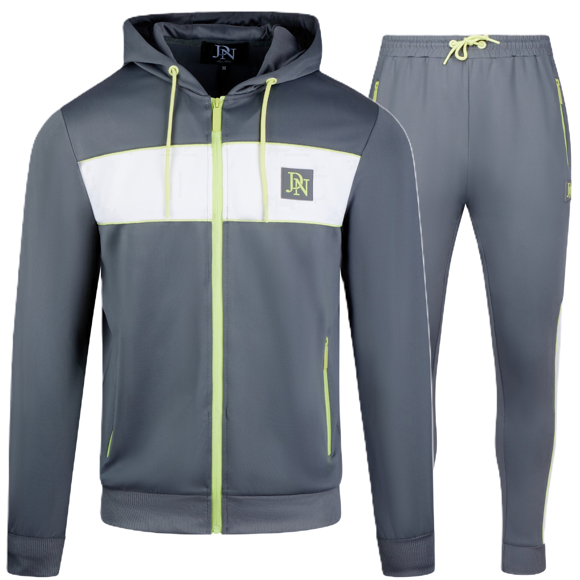 Men's JDN grey tracksuit with white chest panel and neon yellow zips – full zip hoodie and joggers set, modern activewear style