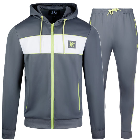 Men's JDN grey tracksuit with white chest panel and neon yellow zips – full zip hoodie and joggers set, modern activewear style