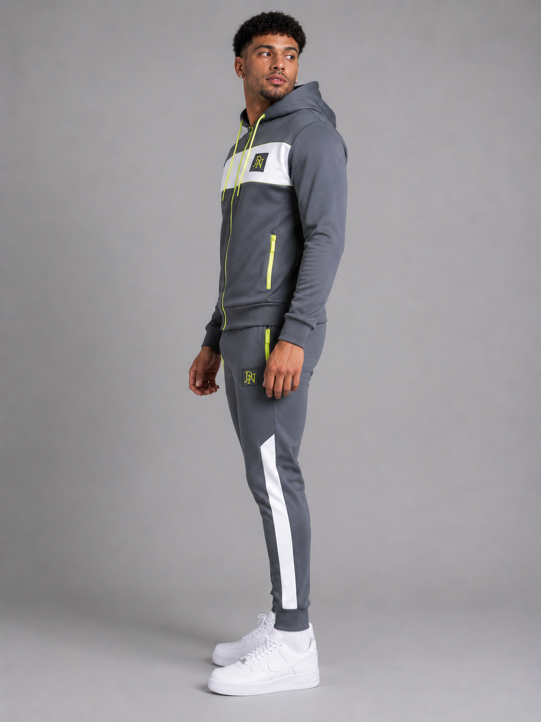 Men's JDN grey tracksuit with white chest panel and neon yellow zips – full zip hoodie and joggers set, modern activewear style