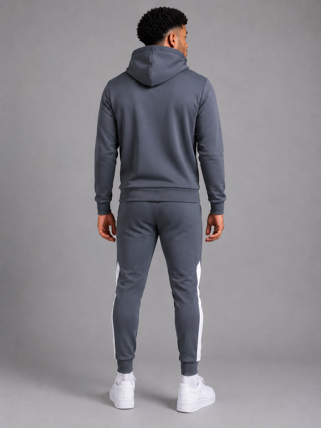Men's JDN grey tracksuit with white chest panel and neon yellow zips – full zip hoodie and joggers set, modern activewear style