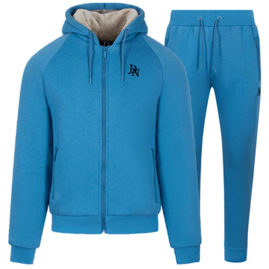 Men's JDN thick fleece-lined tracksuit in blue – full zip hoodie and joggers set with soft interior for winter warmth