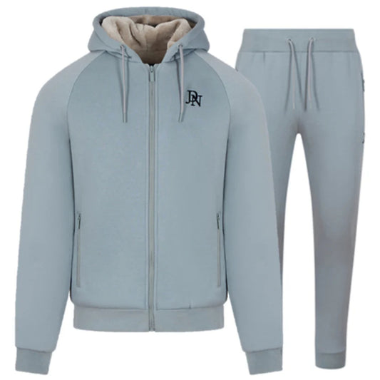 Men's JDN thick fleece-lined tracksuit in light grey – full zip hoodie and joggers set with soft interior for winter warmth