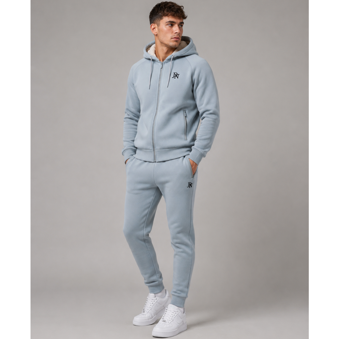 Men's JDN thick fleece-lined tracksuit in light grey – full zip hoodie and joggers set with soft interior for winter warmth