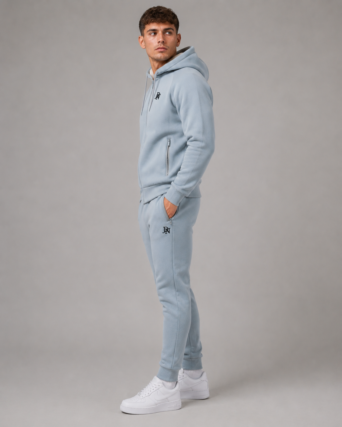 Men's JDN thick fleece-lined tracksuit in light grey – full zip hoodie and joggers set with soft interior for winter warmth