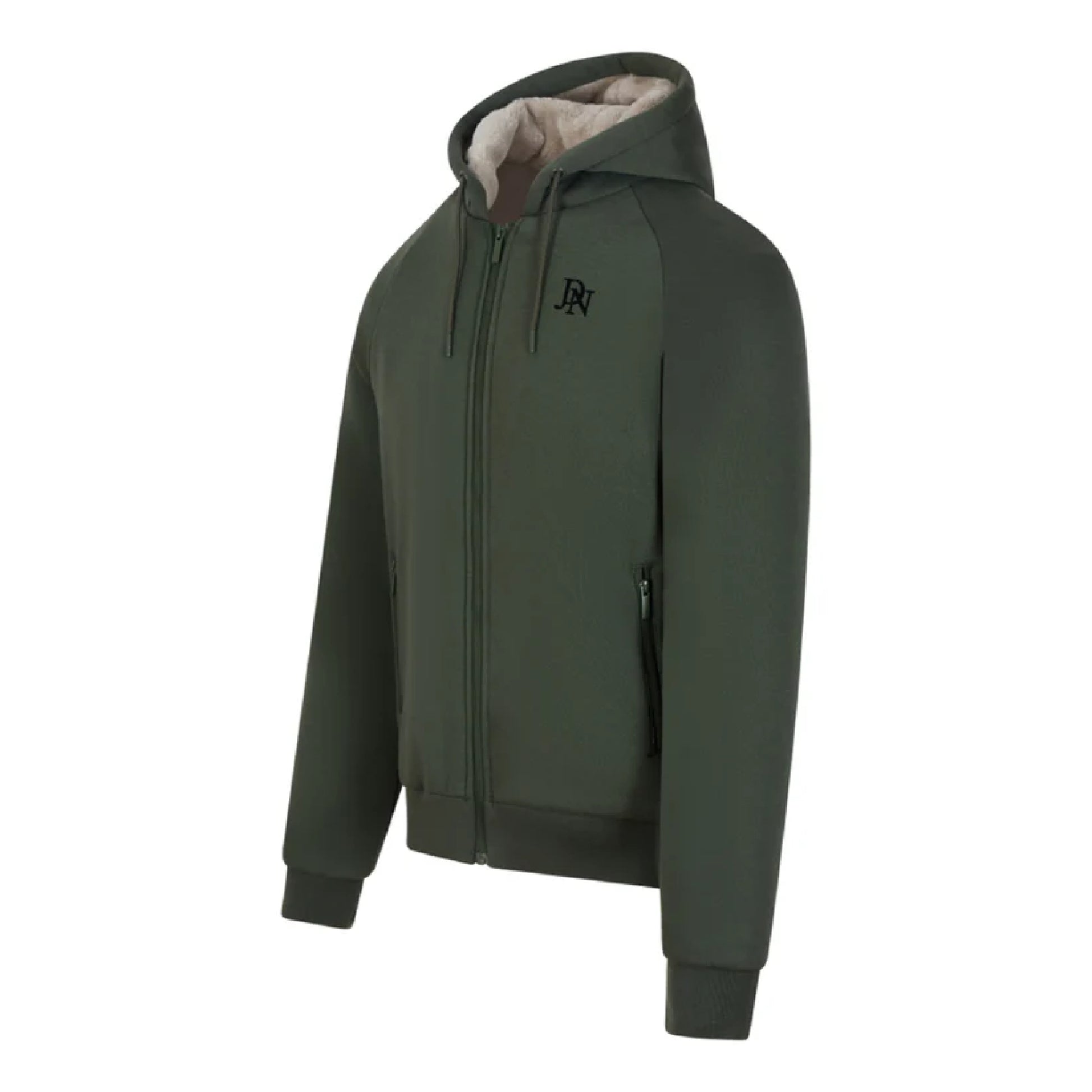 Men's JDN thick fleece-lined tracksuit in khaki green – full zip hoodie and joggers set with soft interior for winter warmth