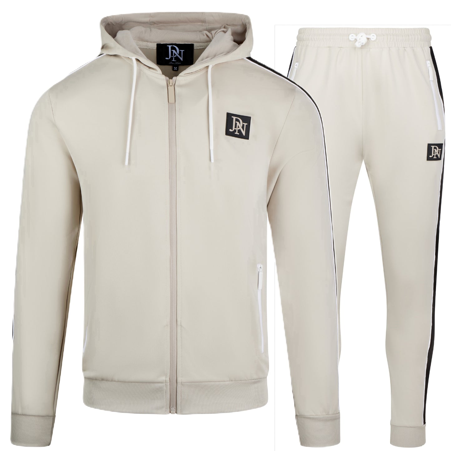 Men's JDN beige tracksuit set with white zips and black side stripes – full zip hoodie and joggers, modern streetwear