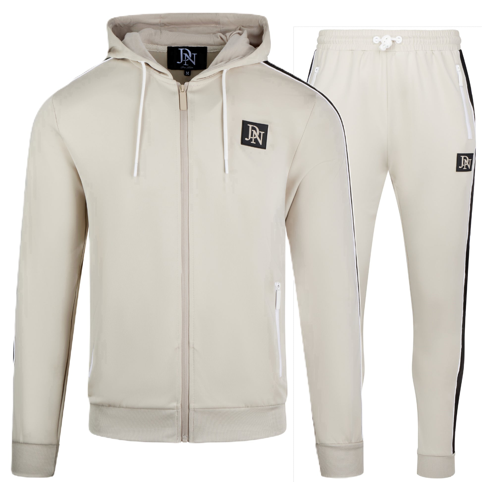 Men's JDN beige tracksuit set with white zips and black side stripes – full zip hoodie and joggers, modern streetwear