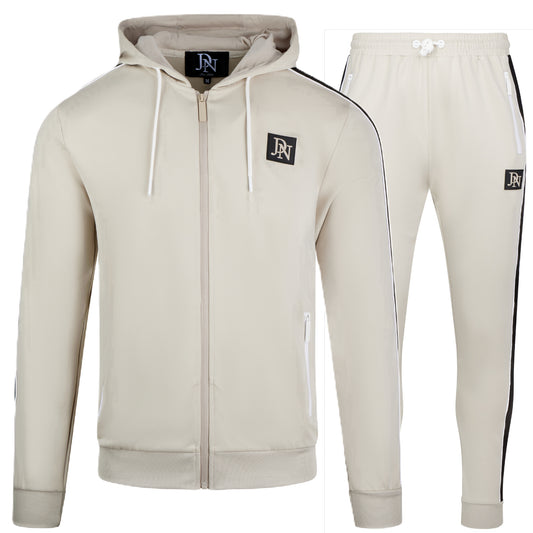 Men's JDN beige tracksuit set with white zips and black side stripes – full zip hoodie and joggers, modern streetwear