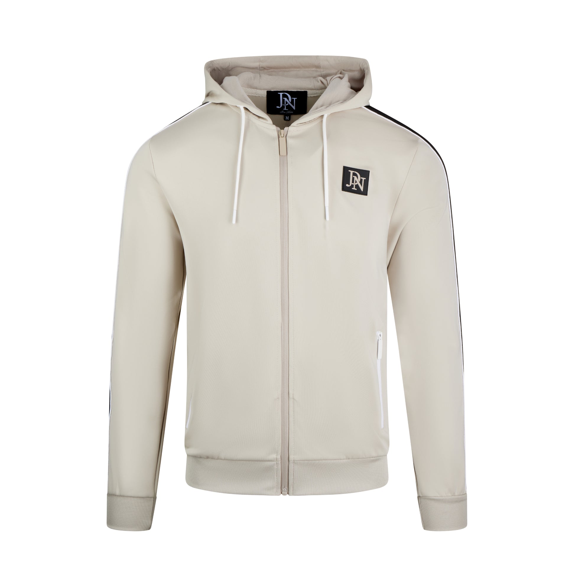 Men's JDN beige tracksuit set with white zips and black side stripes – full zip hoodie and joggers, modern streetwear