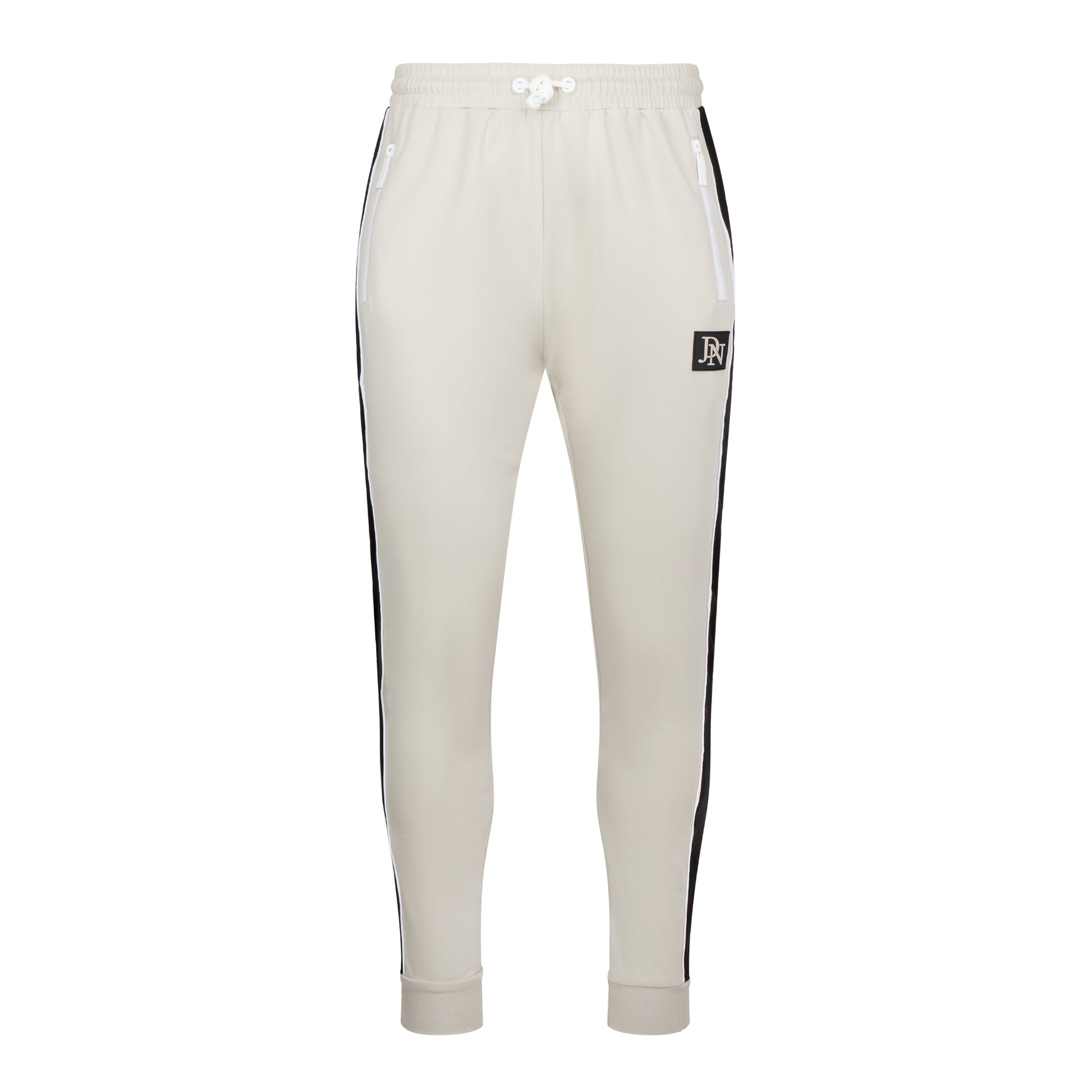 Men's JDN beige tracksuit set with white zips and black side stripes – full zip hoodie and joggers, modern streetwear
