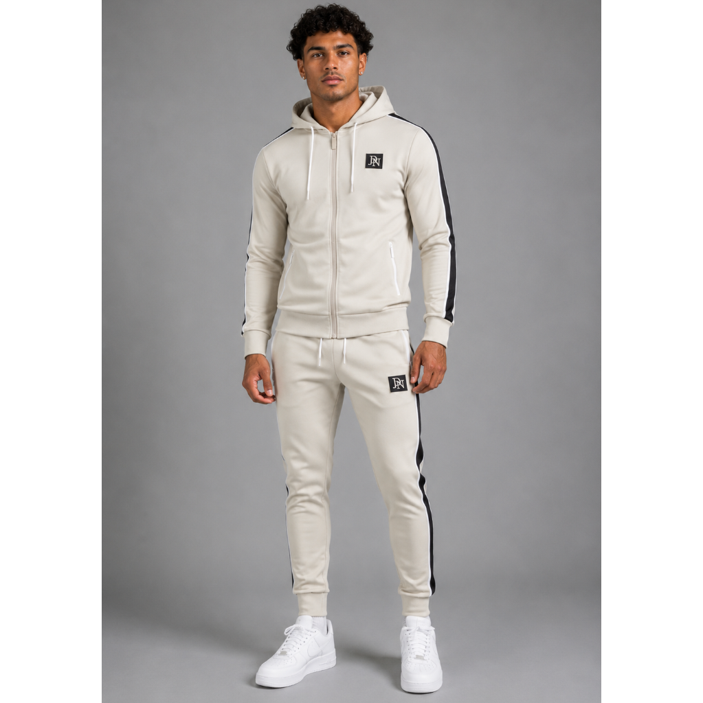 Men's JDN beige tracksuit set with white zips and black side stripes – full zip hoodie and joggers, modern streetwear
