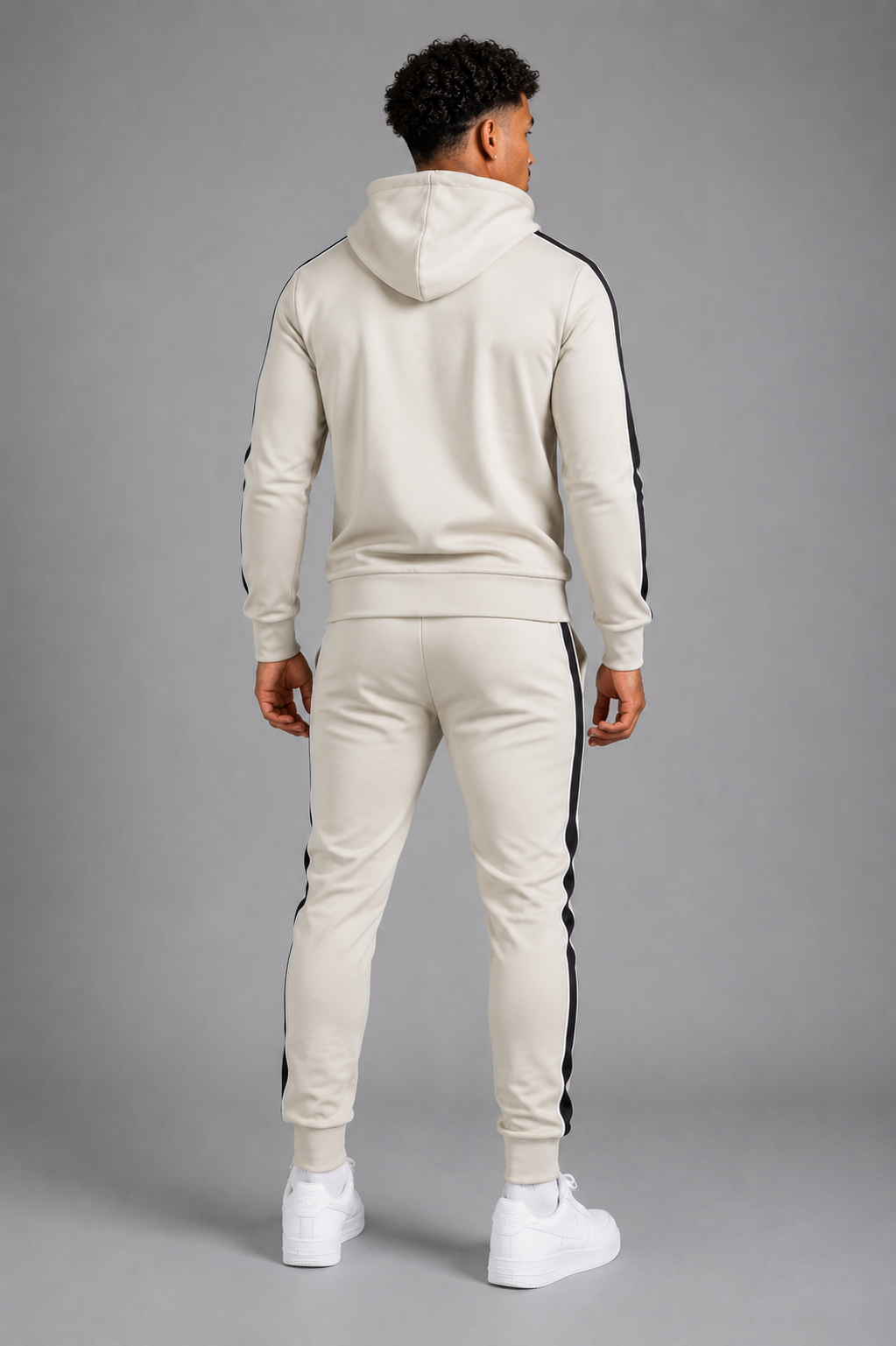 Men's JDN beige tracksuit set with white zips and black side stripes – full zip hoodie and joggers, modern streetwear