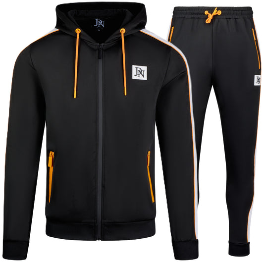 Men's JDN black tracksuit set with orange zip details and white side stripes – full zip hoodie and joggers, sporty streetwear style