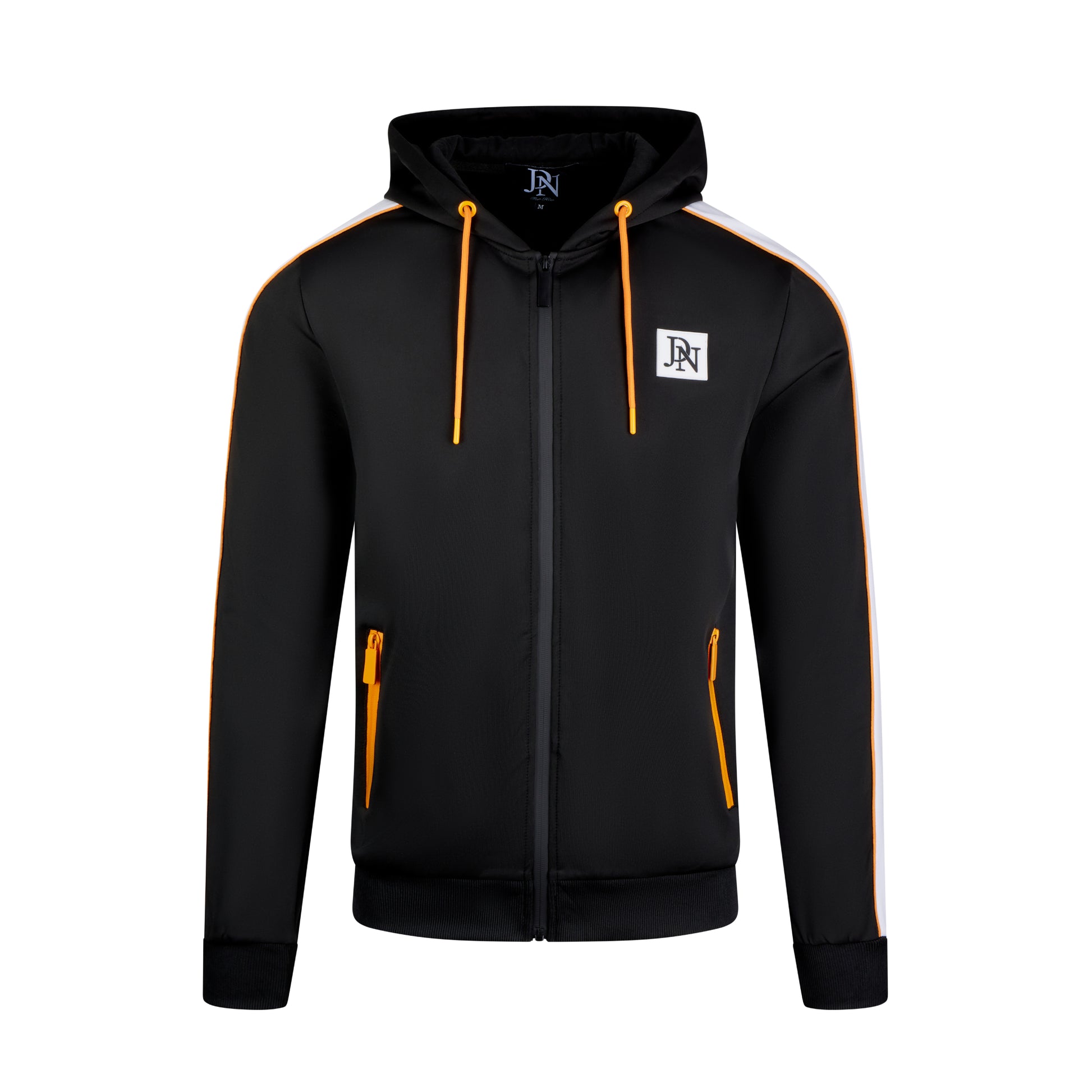 Men's JDN black tracksuit set with orange zip details and white side stripes – full zip hoodie and joggers, sporty streetwear style