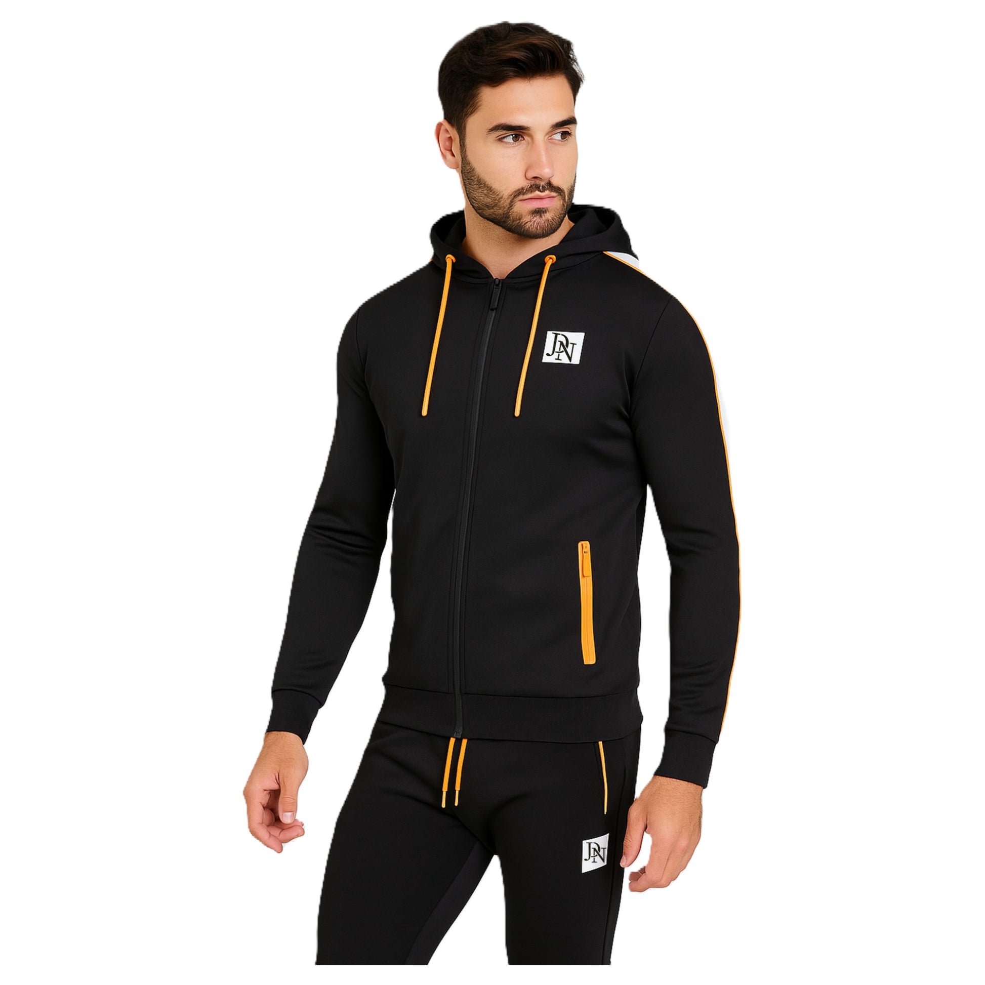 Men's JDN black tracksuit set with orange zip details and white side stripes – full zip hoodie and joggers, sporty streetwear style