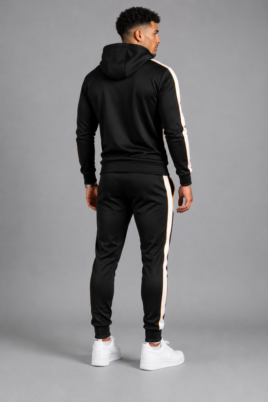 Men's JDN black tracksuit set with orange zip details and white side stripes – full zip hoodie and joggers, sporty streetwear style