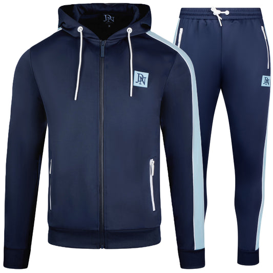 Men's JDN navy blue tracksuit with light blue side stripes and white zips – full zip hoodie and joggers, athletic streetwear set