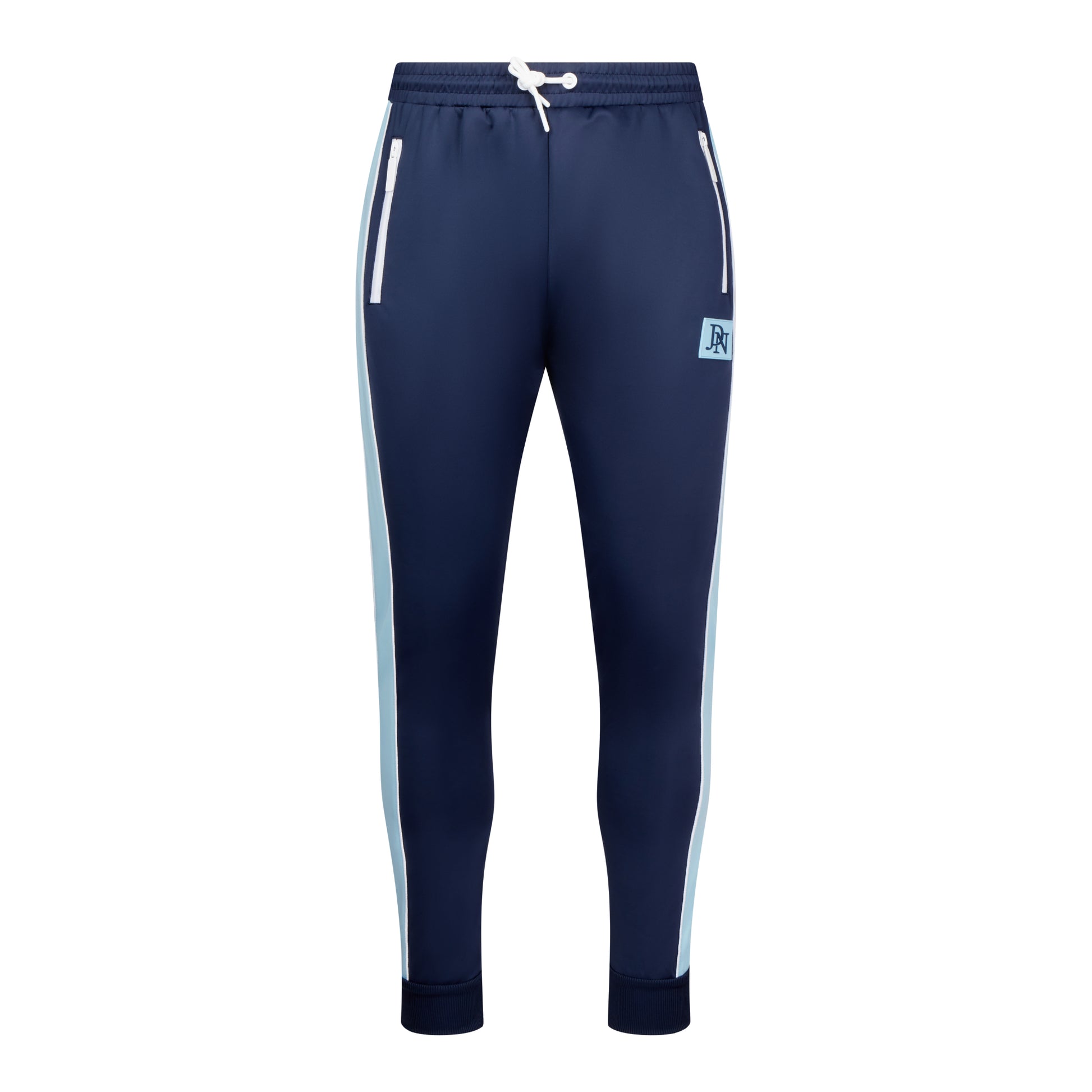 Men's JDN navy blue tracksuit with light blue side stripes and white zips – full zip hoodie and joggers, athletic streetwear set