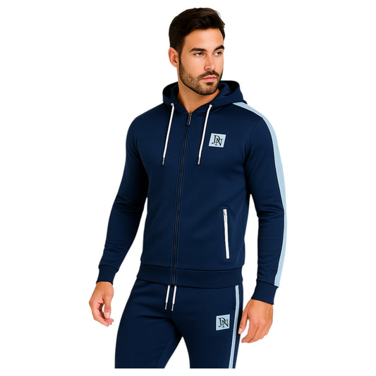 Men's JDN navy blue tracksuit with light blue side stripes and white zips – full zip hoodie and joggers, athletic streetwear set