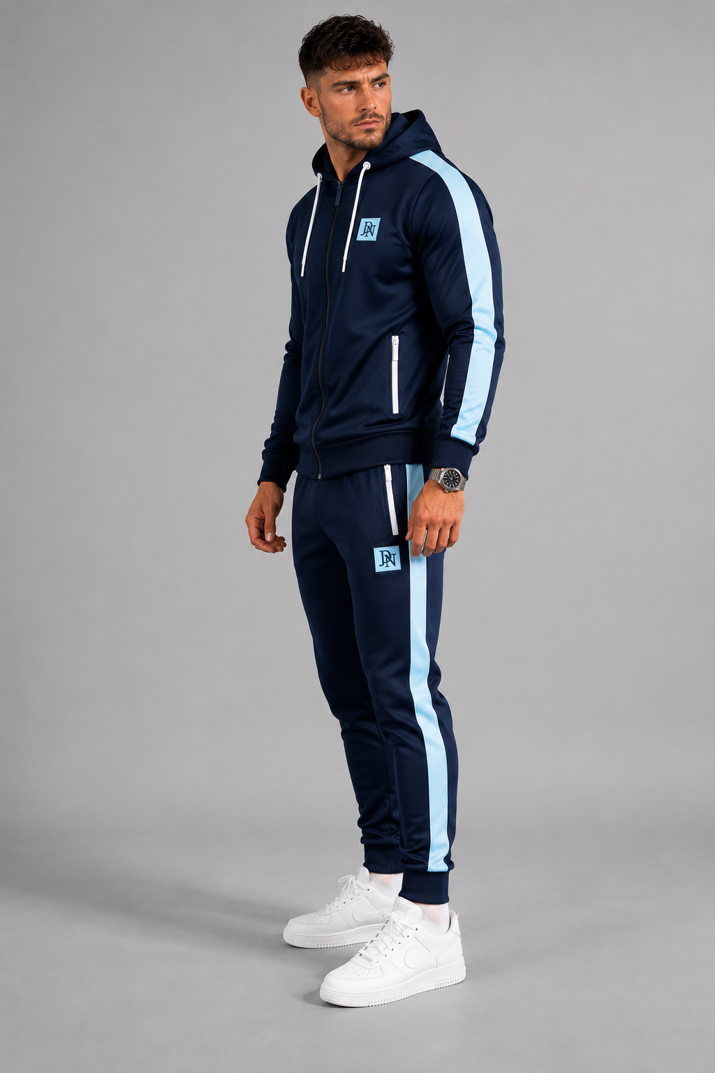 Men's JDN navy blue tracksuit with light blue side stripes and white zips – full zip hoodie and joggers, athletic streetwear set
