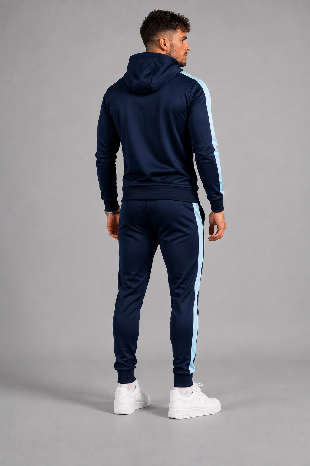 Men's JDN navy blue tracksuit with light blue side stripes and white zips – full zip hoodie and joggers, athletic streetwear set