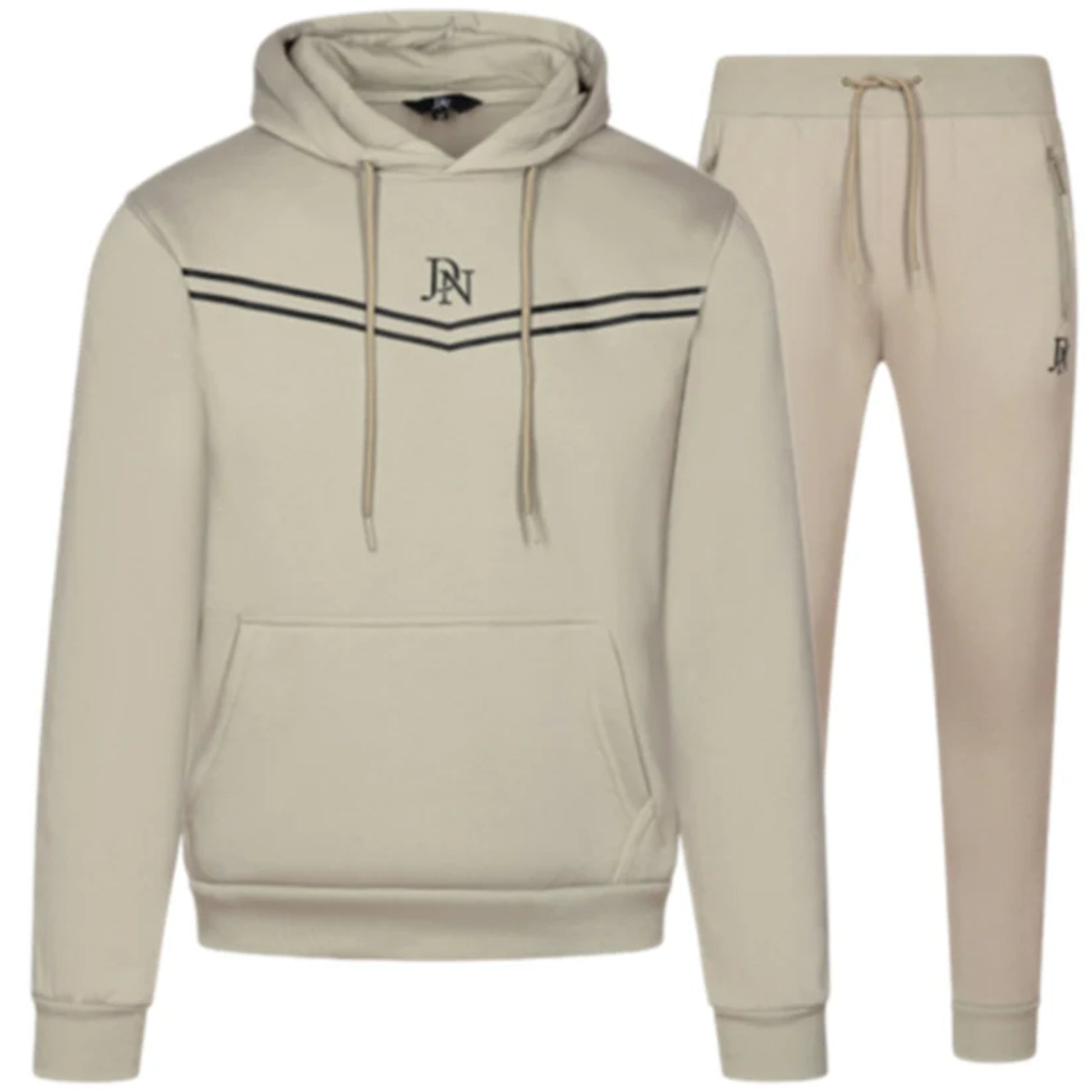 Men's JDN beige hoodie tracksuit with black chest stripes and logo – pullover hoodie and joggers set, casual streetwear