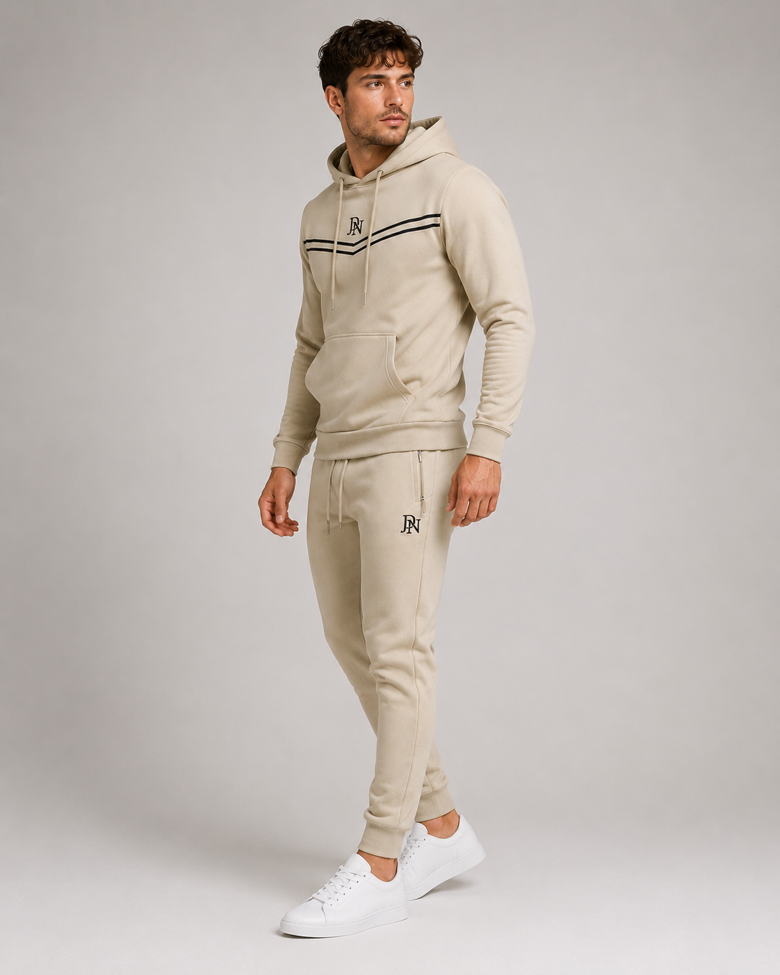Men's JDN beige hoodie tracksuit with black chest stripes and logo – pullover hoodie and joggers set, casual streetwear
