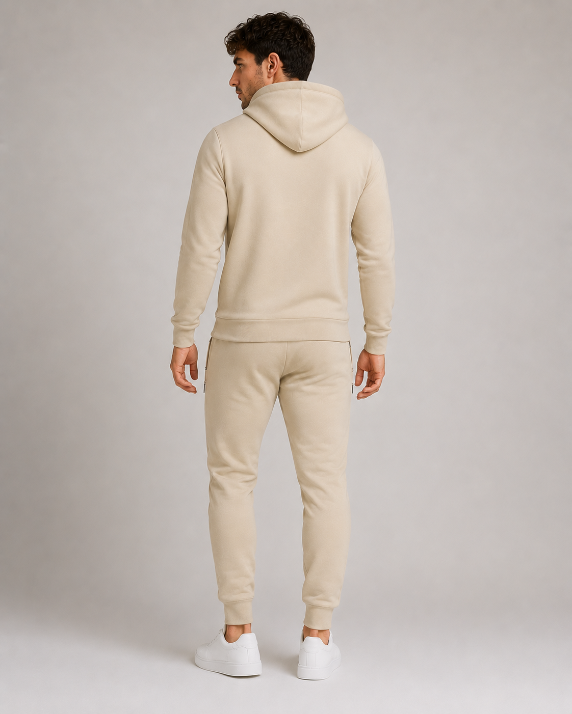 Men's JDN beige hoodie tracksuit with black chest stripes and logo – pullover hoodie and joggers set, casual streetwear
