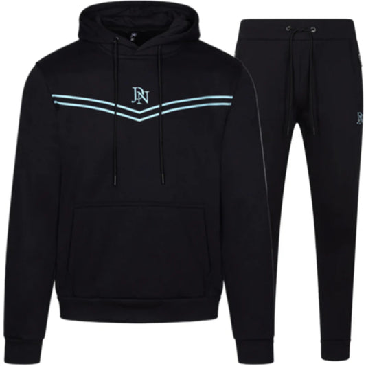 Men's JDN black hoodie tracksuit with light blue chest stripes and logo – pullover hoodie and joggers set, casual streetwear