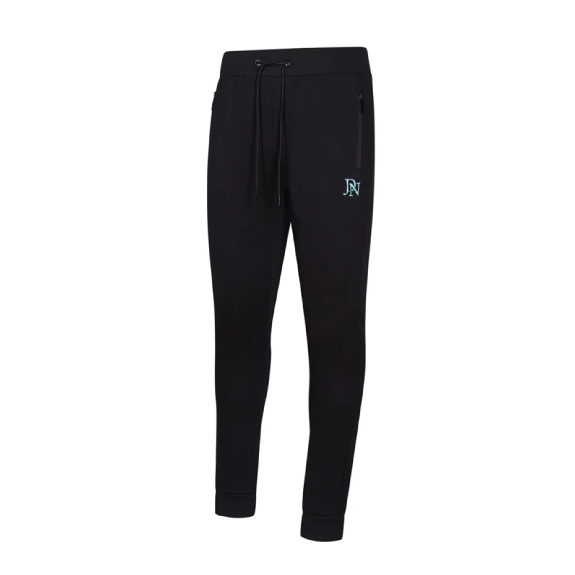 Men's JDN black hoodie tracksuit with light blue chest stripes and logo – pullover hoodie and joggers set, casual streetwear