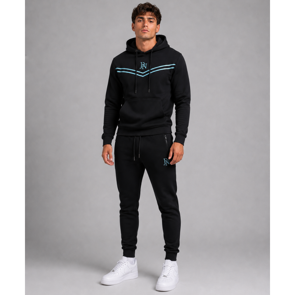 Men's JDN black hoodie tracksuit with light blue chest stripes and logo – pullover hoodie and joggers set, casual streetwear