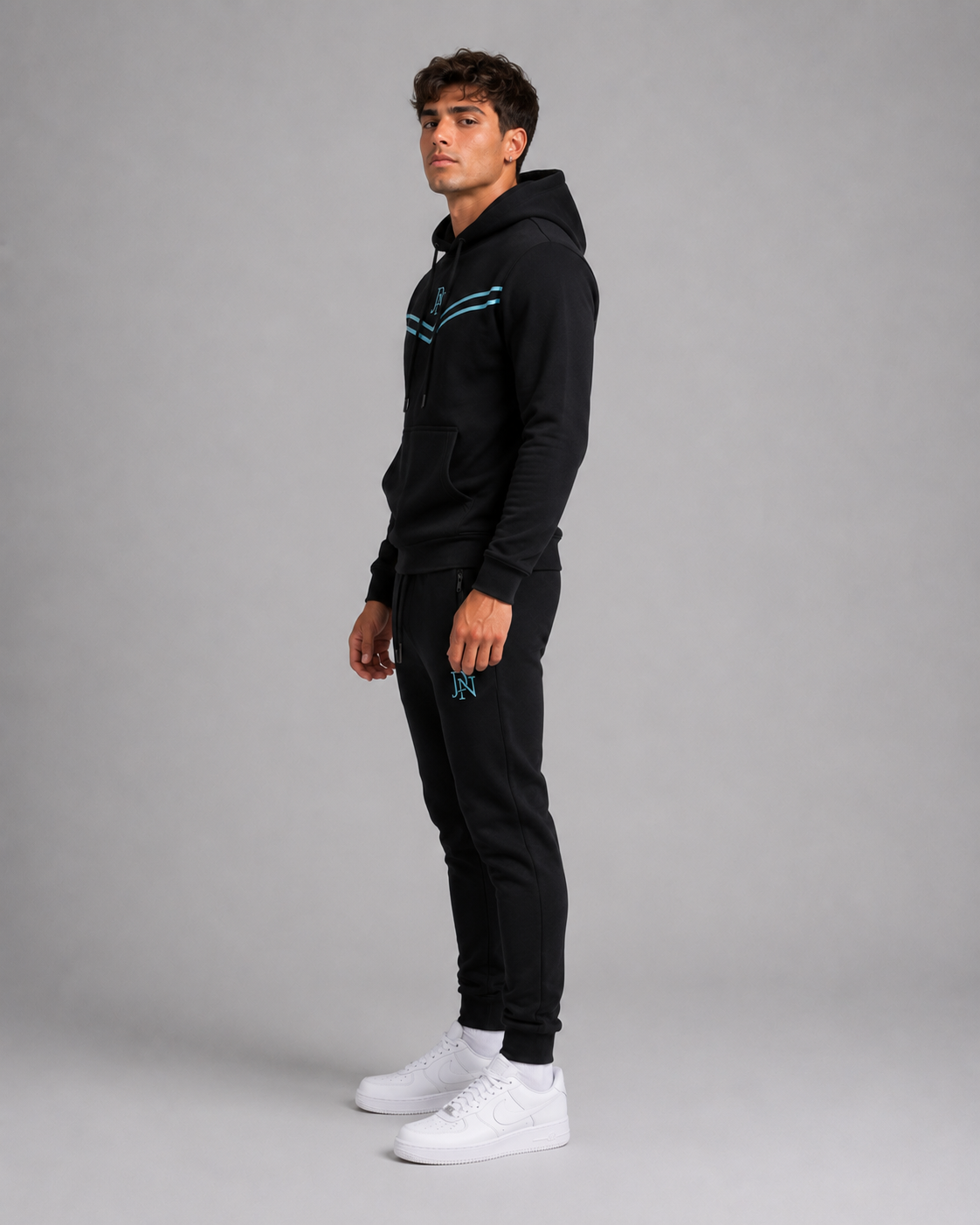 Men's JDN black hoodie tracksuit with light blue chest stripes and logo – pullover hoodie and joggers set, casual streetwear