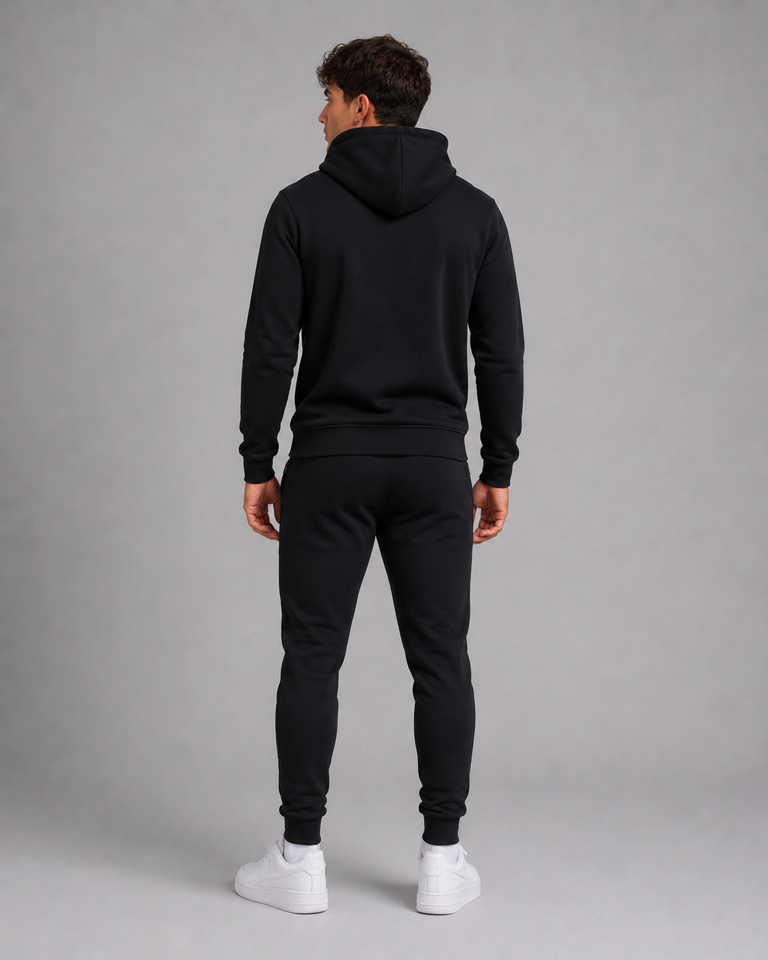 Men's JDN black hoodie tracksuit with light blue chest stripes and logo – pullover hoodie and joggers set, casual streetwear