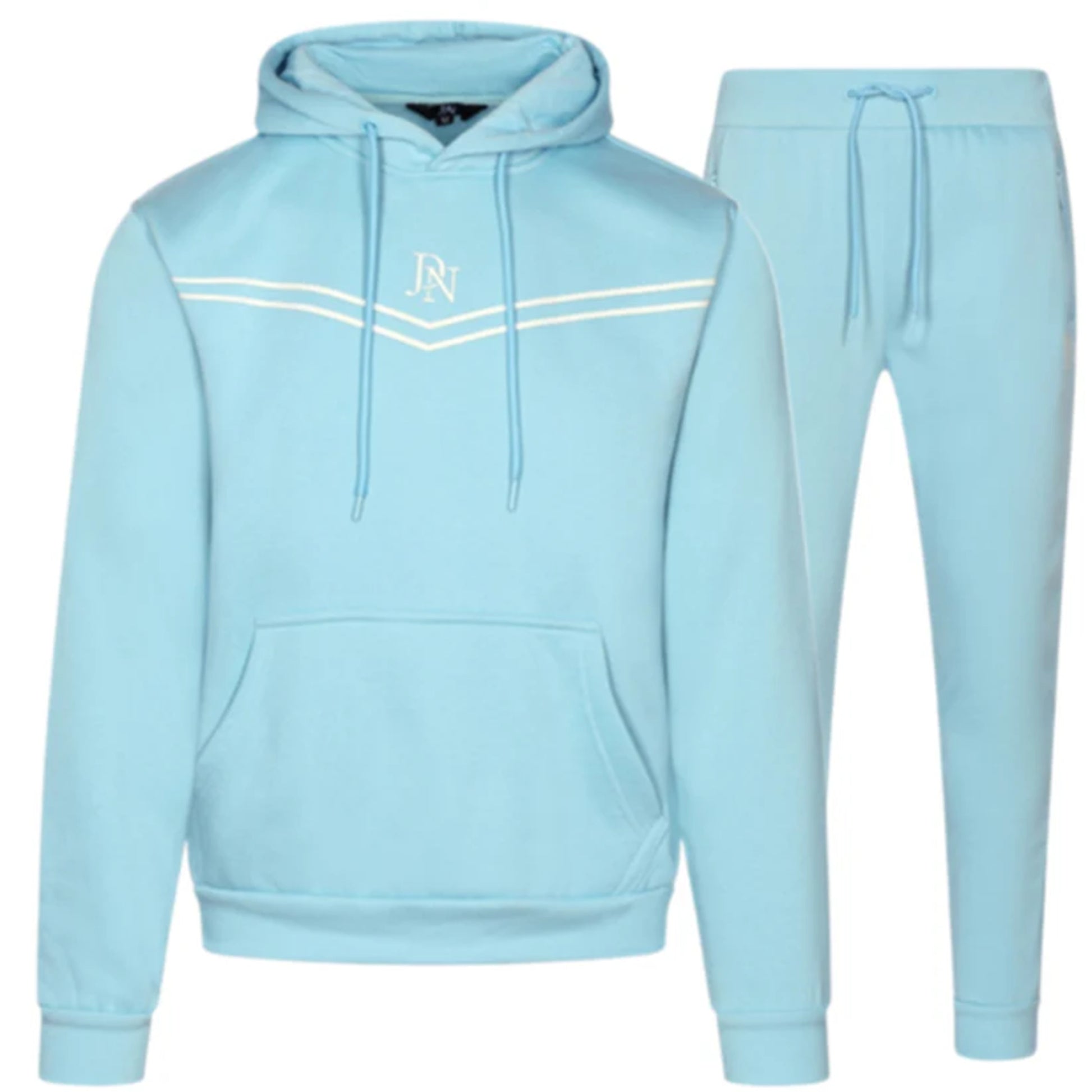 Men's JDN blue hoodie tracksuit with white chest stripes and logo – pullover hoodie and joggers set, casual streetwear