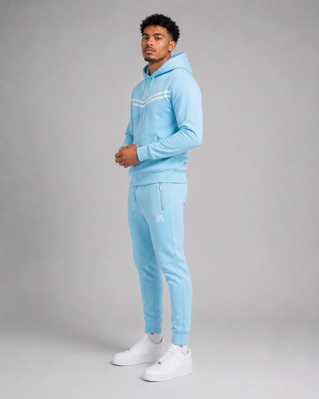 Men's JDN blue hoodie tracksuit with white chest stripes and logo – pullover hoodie and joggers set, casual streetwear